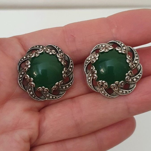 Vintage clip earrings silver used with green onyx