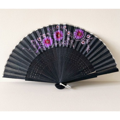 Handpainted fan used, black with floral design, wood and textile