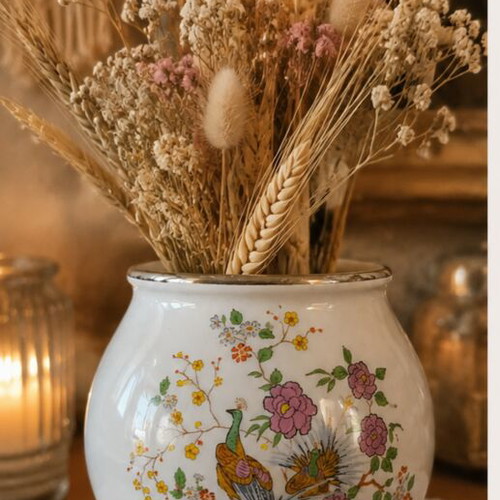 Porcelain vase with floral peacock design, like new