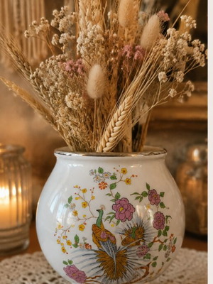 Porcelain vase with floral peacock design, like new