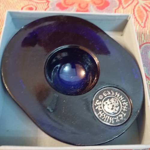 Vintage glass ashtray with Greek Tekniki seal, dark blue