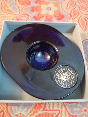 Vintage glass ashtray with Greek Tekniki seal, dark blue