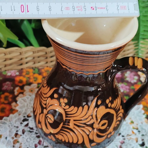 Vintage pottery jug with floral sgraffito decoration, 22 cm