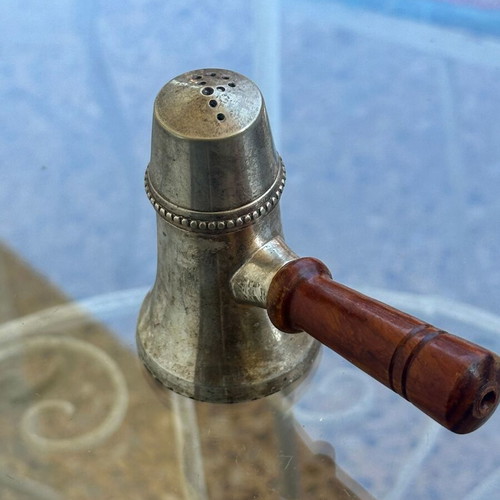 Vintage metal pepper shaker with wooden handle used, collectible tableware