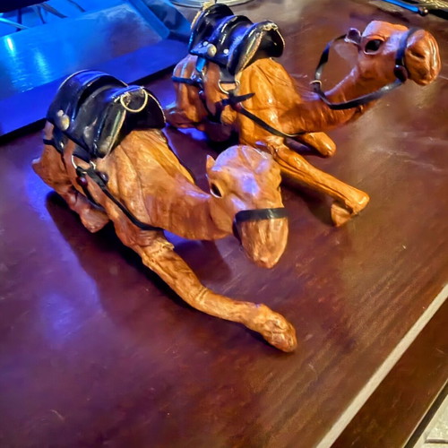 Vintage Handmade Leather Camels Set of 2 Used, Rare Ethnic Decoration