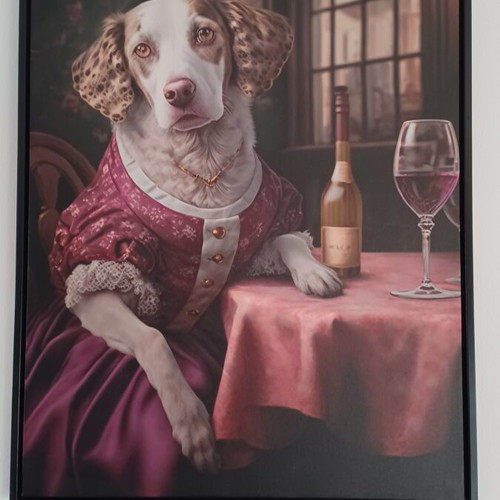 Decorative canvas print with aristocratic dog in burgundy dress, new