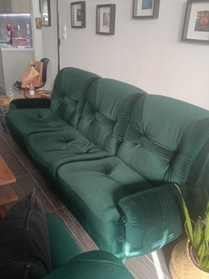 Velvet three-seater sofa with 2 armchairs used, dark green