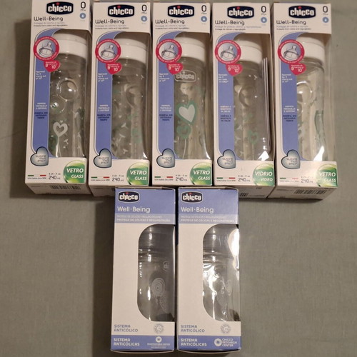 Chicco Well-Being glass baby bottles with anticolic system, 5x240ml + 2x150ml