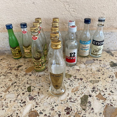 Collectible vintage miniature bottles used, set of 15, Metaxa and Ouzo