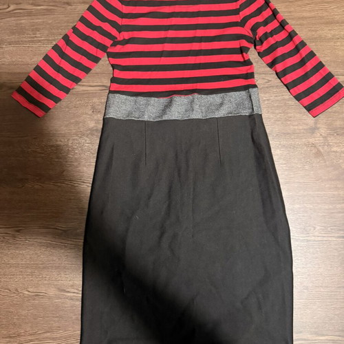 Red and black striped midi dress with grey waistband