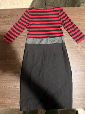 Red and black striped midi dress with grey waistband