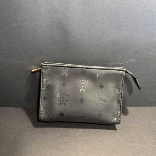 MCM Monogram Mini Toiletry Bag used, black with gold zipper