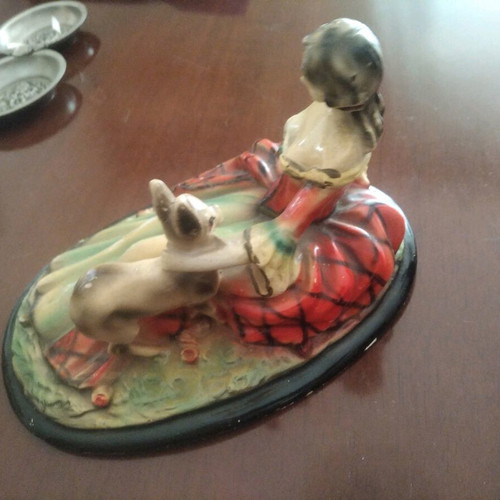 Antique Art deco chalk figurine used, girl with deer