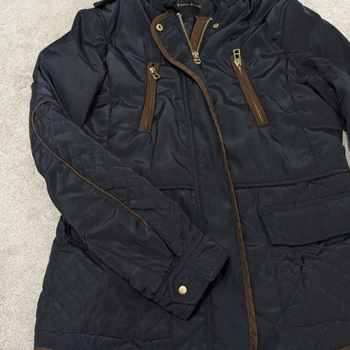 Zara Basic women's navy quilted short jacket with brown details like new