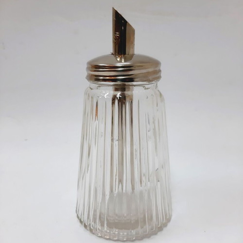 Vintage glass sugar pourer with metal dispenser and stainless lid, like new