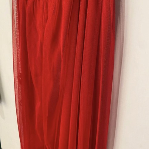 Red dress new, adjustable straps, tulle overlay, fits up to large