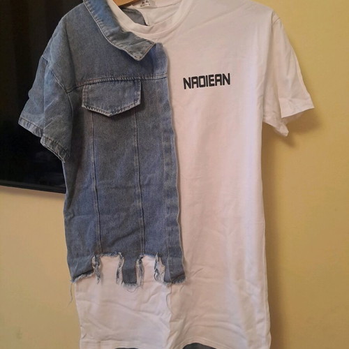 Women's dress blouse one size like new, half denim, white