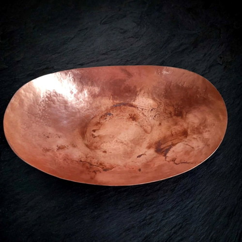 Vintage 1970s copper set, wall plate with roses and oval fruit bowl