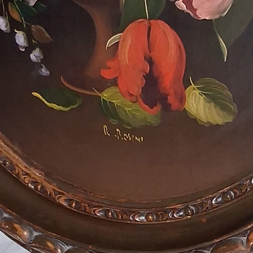 R. Rosini Large Collectible Italian Oil Painting on Wood with Flowers like new
