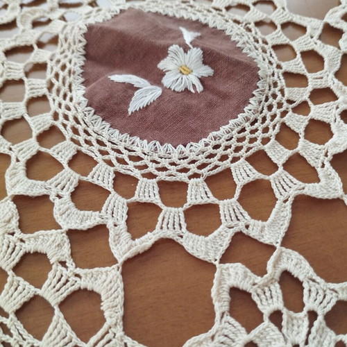 Vintage handmade crochet table linen with brown embroidered motifs, 70x70 cm