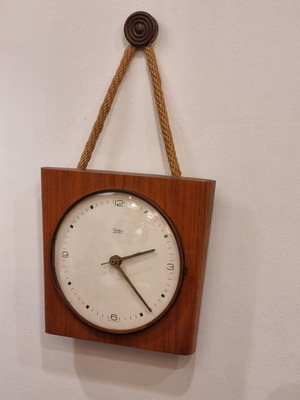 Diehl Mid Century 60s Wall Clock Wood Brass Rope Germany