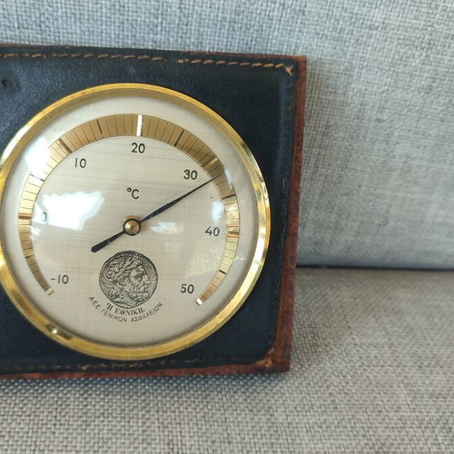 Vintage Ethniki Thermometer used, wooden base with leather