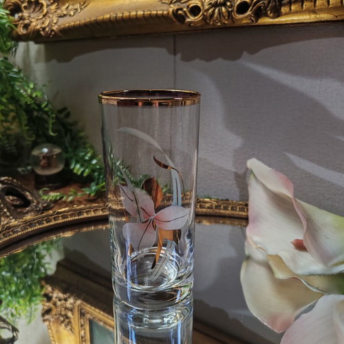 Vintage highball glass with gold rim and orchid decoration, 200 ml