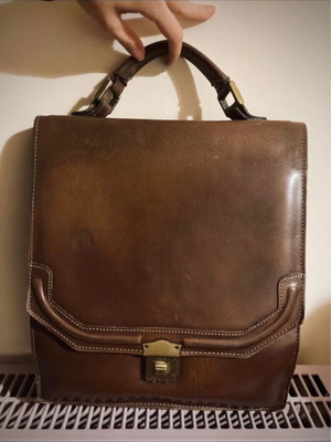 Gregory leather briefcase used, 00's vintage, brown and gold