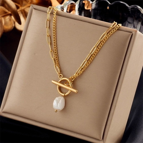 Double Stainless Steel Necklace with Baroque Pearl and 18K Gold Toggle Clasp new
