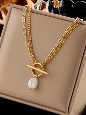 Double Stainless Steel Necklace with Baroque Pearl and 18K Gold Toggle Clasp new