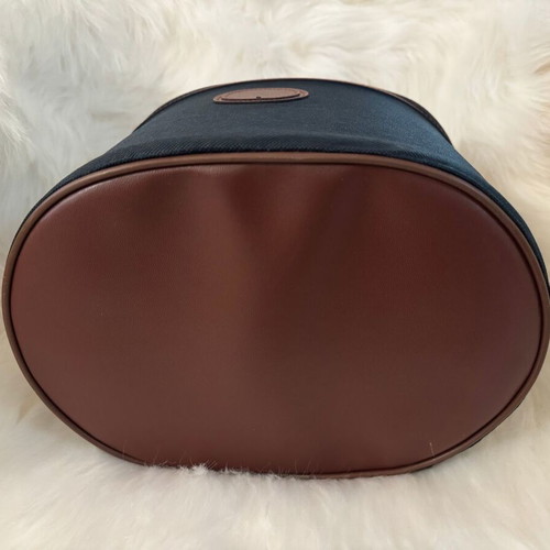Toiletry bag cosmetic case new, blue fabric and brown leatherette