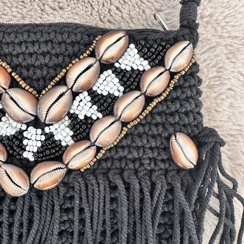 Boho Handmade Crochet Crossbody Bag with Shells and Fringe Black