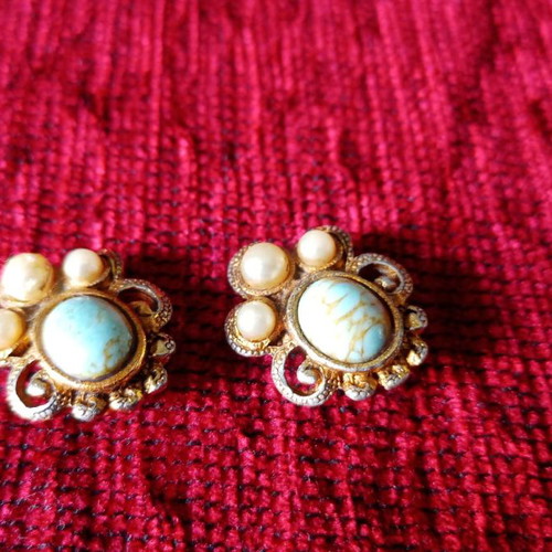 Gold-plated earrings used 1930s Czechoslovakia with glass cabochons