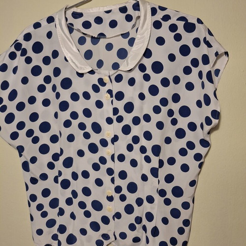 Polka Dot Shirt white with blue asymmetrical dots, like new, size L