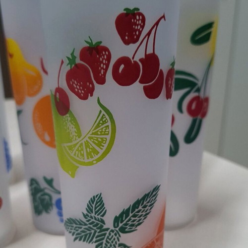 Set of 7 glass glasses for soft drinks like new with fruit designs