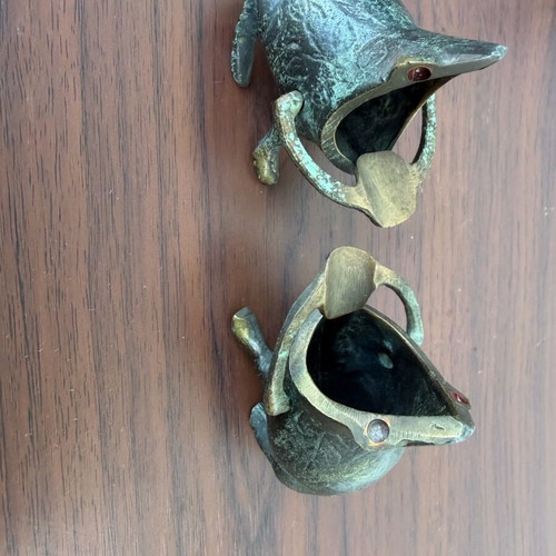 Set of 2 used brass or bronze ashtrays with patina