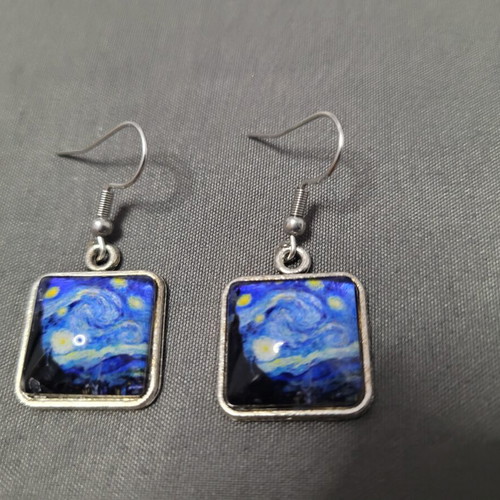 Starry Night earrings with Van Gogh art, surgical steel