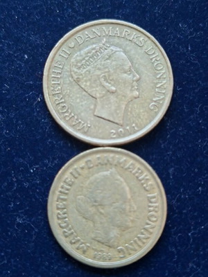 Danish coins used, 20 and 10 kroner, 2011 and 1989