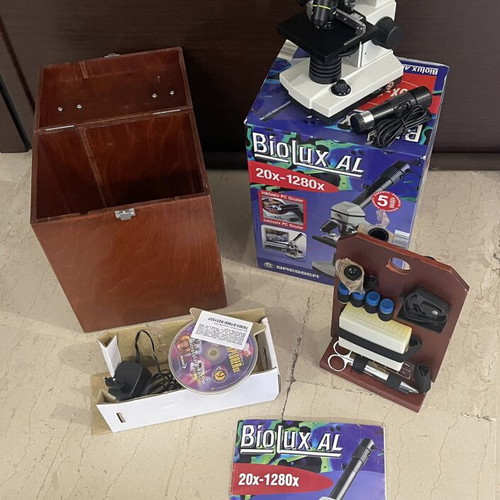 Bresser Biolux AL Microscope new, 20x-1280x, vintage 2004, wooden case
