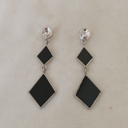Geometric dangle earrings with black elements and rhinestones, new