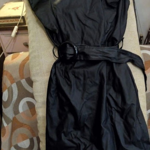Black Shiny Belted Mini Dress with Ruffle Sleeves like new, size M