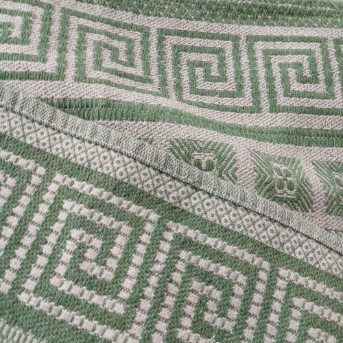Set of 2 vintage woven blankets with meander pattern, sage green and beige