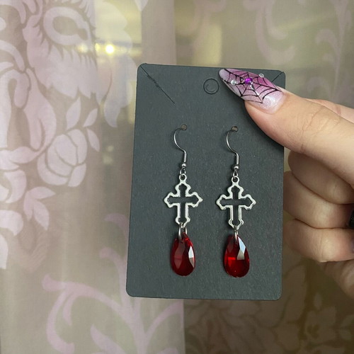 Gothic vampire cross earrings new with red crystals and steel hooks