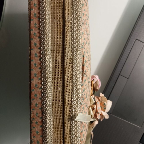 Fabric and straw jewelry box, beige and pink