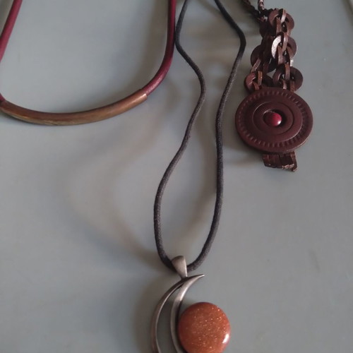 Genuine leather necklaces with stones and crescent necklace set of three