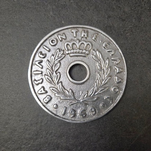 Coaster 20 lepta (drachma) used, pierced 1969 coin, aluminum