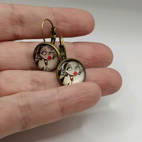 Dangling earrings 14mm girl new, beige and red