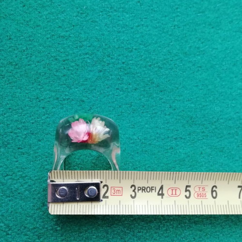 Blown glass ring new with dried flowers and sand shade