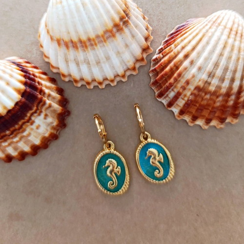 Seahorse dangle earrings new, gold tone with turquoise-green enamel