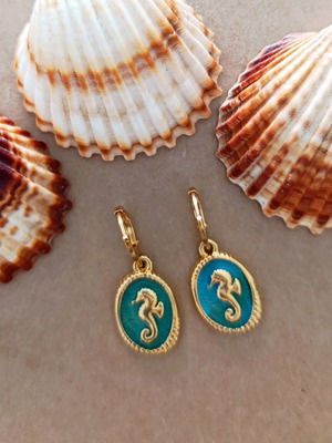Seahorse dangle earrings new, gold tone with turquoise-green enamel